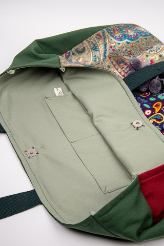 Fabric Craft Bag Omuz Çantası Kadın Duck Kumaş Desenli Büyük Boy Günlük Çanta Yeşil - Kırmızı