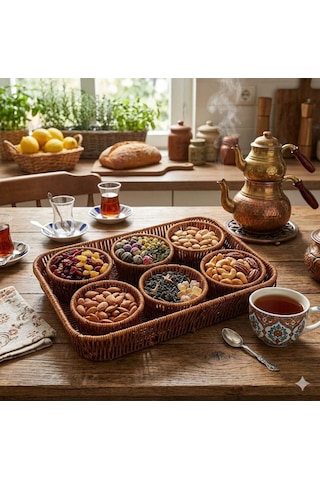 Kosova Wicker 7'li Tepsili Çerezlik Set Kahverengi
