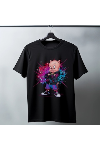 Vinevesta Porky Pig Graffiti Baskılı Unisex Siyah Oversize Tişört - 24/1 Penye Çok Renkli