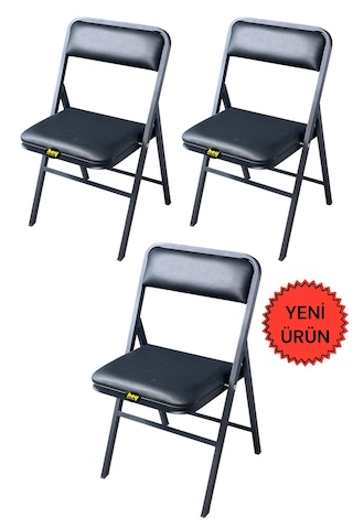 Hey 3'lü Katlanır Kamp Sandalyesi Piknik Sandalyesi Siyah Deri Siyah