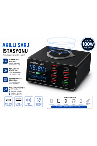 8 Portlu 7 Usb + Type-c Pd Çoklu Şarj İstasyonu Kablosuz + Kablolu Şarj Bir Arada