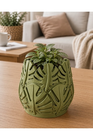Monstera Yaprak Tasarımlı Vazo Açık Yeşil