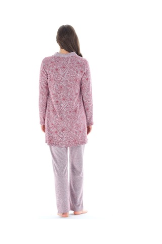 Feyza Pijama Kadın Yakası Düğmeli Çicek Desenli Jakarlı 3'lü Pijama Takımı