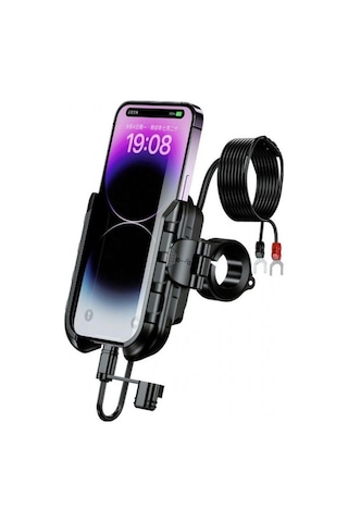 Nukrotech Mr Plus Motosiklet Telefon Tutucu Usb-c Şarjlı Gidon Ve Ayna Bağlantı Aparatlı Siyah