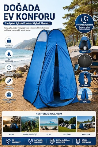 Bysay Pop-up Kamp Çadırı, Duş, Tuvalet Ve Giyinme Kabini, Mavi, Polyester, 125x125x210 Cm, 4 Mevsim, Taşıma Çanta Genel