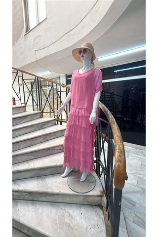 İtalyan 2 Beden Ince Gösteren Yarım Kol Kat Kat Ipek Elbise Pembe