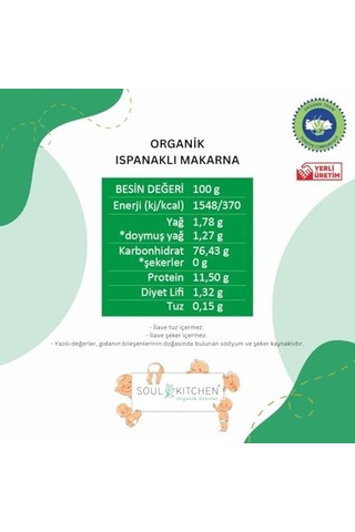 Organik Ispanaklı Makarna 330 Gr İlave Tuzsuz Vegan
