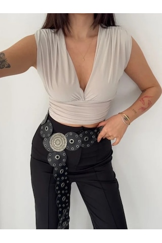 Defymoda Vatkalı Kolsuz V Yaka Drapeli Crop Bluz Likralı Fit - Boyalı Gri