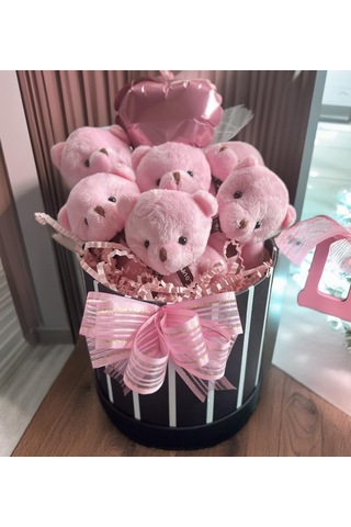 Premium Silindir Hediye Kutusunda, Kalpli Balonlu 6 Lı Pembe Ayıcık Buketi