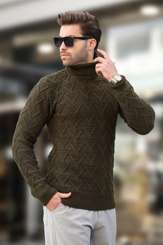 Madmext Haki Balıkçı Yaka Desenli Erkek Kazak E7292 Haki
