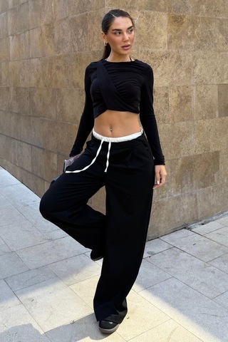 Madmext Siyah Çift Bel Bantlı Wide Leg Kadın Pantolon Mg2551 Siyah