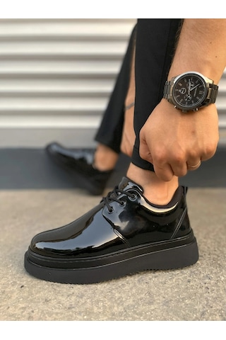 Mevese Ornex Erkek Deri Görünümlü Bağcıklı Casual Sneaker Klasik Günlük Ayakkabı - Siyah Rugan