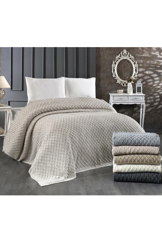 Akrilik Örgü Battaniye Çift Kişilik 220 X 240 Cm Yatak Örtüsü Pike Poly Bej