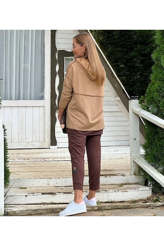 Kadın Kahve Kapşonlu Etek Ucu Detay Arma Ikili Takım Bediva 001