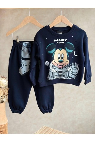 Lolliboomkids Erkek Çocuk Mickey Mouse Uzayda Temalı Astronot Mickey Baskılı Sweatshirt Eşofman Alt Üst Takım Eşofman Takımı Lacivert