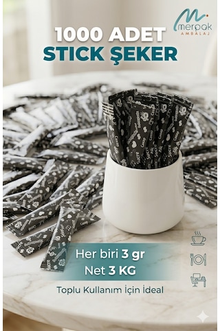 Merpak Ambalaj Stick Baskılı Toz Şeker Siyah Beyaz 1000 x 3 G