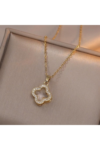 Beyaz Dört Yapraklı Yonca Kolye Hafif Lüks Köprücük Kemiği Zinciri İns Set Elmas Titanyum Çelik Kolye Anneler Günü / Sevgililer Günü Yonca Kolye Beyaz