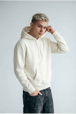 Hoxie Unisex Rahat Kesim Pamuklu Yumuşak Dokulu İçi Polarlı Basic Desenli Kapüşonlu Sweatshirt Ekru