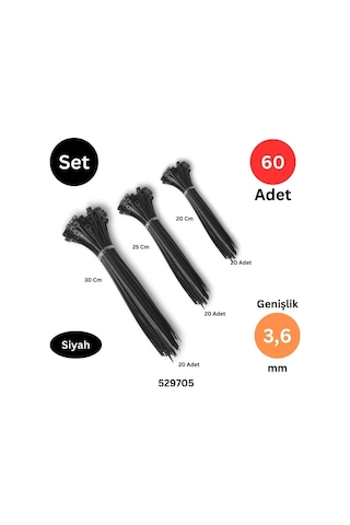 200-250-300 Mm X 3,6 Mm Plastik Kablo Bağı Cırt Kelepçe Siyah 60 Adet