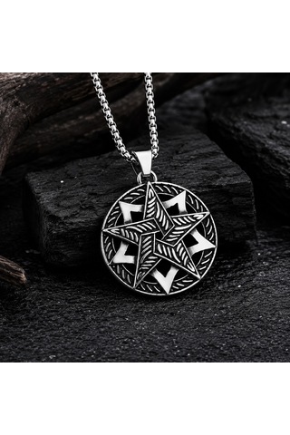 Antik Gümüş Antrasit Renk Paslanmaz Çelik Pentagram Yıldızı Kolye Metalik Gümüş