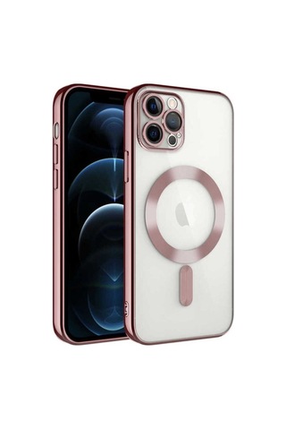 Apple Uyumlu iPhone 12 Pro Kılıf Kamera Korumalı M-safe Wireless Şarj Özellikli Zore Demre Kapak Rose Gold
