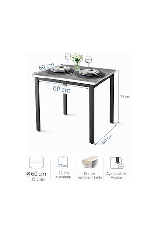 Siyah Mutfak Masası, Yemek, Bahçe Masası, Metal Ayaklı, 60x60 Masa