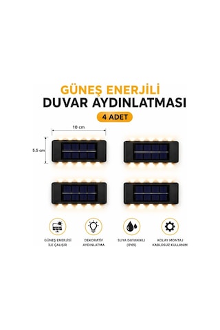 Solar Çift Açılı Güneş Enerjili Duvar Lambası-4 Adet