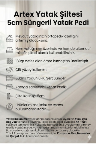 Cotton 5cm Sünger Şilte 160x200 Ped Yatak Şiltesi Pedi Topper Katlanabilir Katlanır