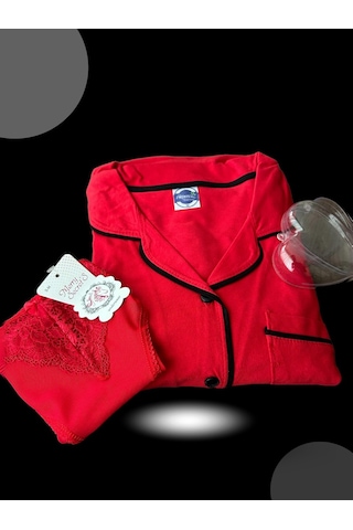 Akbeniz Kadın Pijama Takımı + Yılbaşı Özel Kalp Kutulu Slip 2'li Set 20244-kırmızı Kırmızı