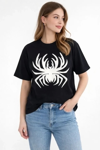 Defymoda Örümcek Baskılı Tişört Kısa Kollu Bisiklet Yaka T-shirt - Siyah