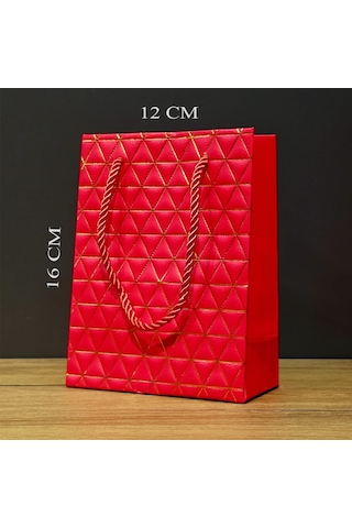 Kırmızı Geometrik Desenli Mini Boy Karton Hediye Çantası