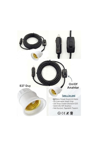 Araç Çakmaklık Grişli E27 Duylu Anahtarlı Araç Seyyar Kablo Çakmaklık Fşli 12v/16a 2 X1,5mm Ttr Bakır 10 Mt-siyah