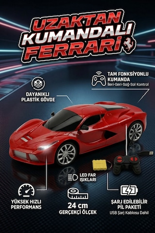 Uzaktan Kumandalı Şarjlı Araba 24 Cm Işıklı Ferrari & Lamborghini Model Full Fonksiyonlu Oyuncak Kırmızı Ferrari