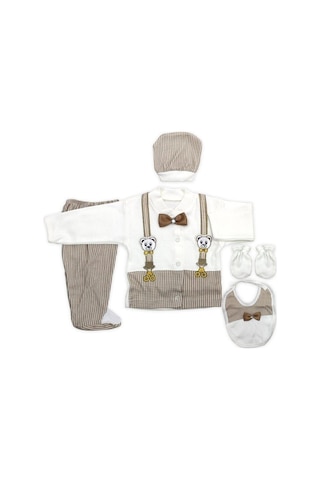 Bombinoo Kahverengi Ayıcıklı Kahve Papyonlu Yenidoğan Bebek 5 Li Hastane Çıkış Seti K2151 Kahverengi