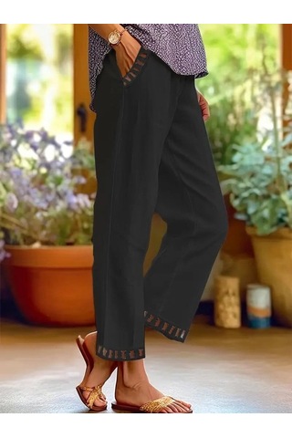 Kadın Beli Lastikli Bağcıklı Cep Ve Pantolon Ucu Güpür Detaylı Pantolon Siyah
