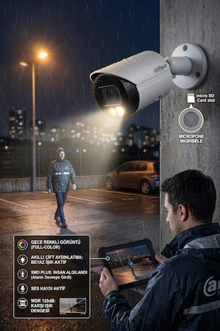 Dahua Smart Dual Light Poe Ip Bullet Kamera Akıllı Renkli Gece Görüşlü Ipc-hfw1249s-s-ıl 2mp