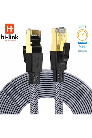 Hi-link 20metre Flat Örgülü Cat8 Ethernet Kablo - Yüksek Hızlı 40gbps 2000mhz 20 M