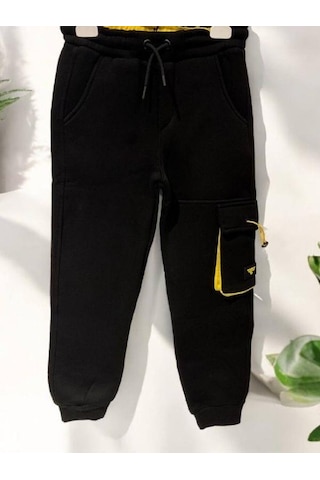 Çocuk 3 İplik Şardonlu Renkli Cepli Kargo Eşofman Alt-14705 Siyah