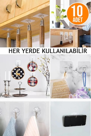 10 Adet - Kendinden Yapışkanlı Çok Amaçlı Kancalı Askı Şeffaf