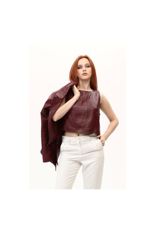 Leatinn Bordo Kadın Deri Crop