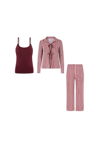 3'lü Çizgili Pamuklu Pijama Takımı Kk30134 Bordo - Pembe