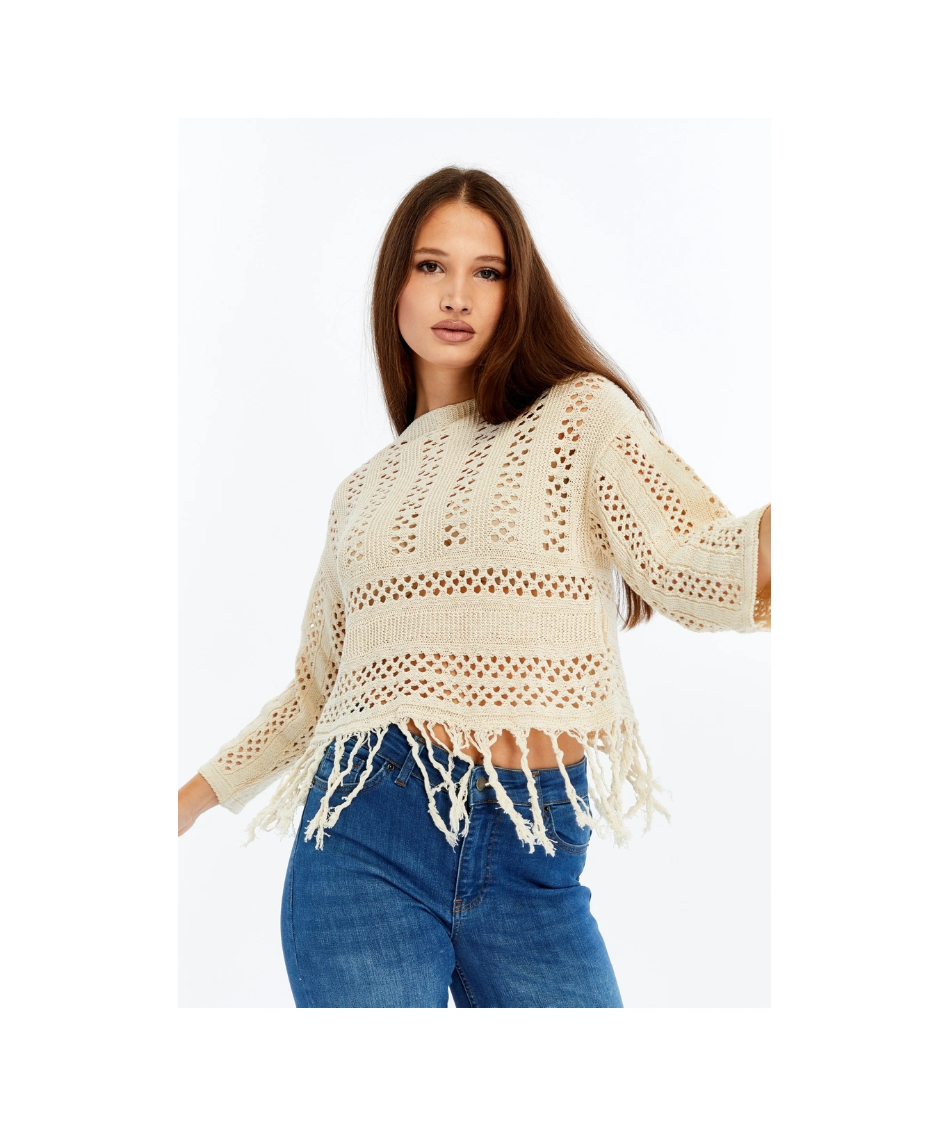 Kadın Örgü Bohem Püsküllü Crop Bluz Bej Delikli Yazlık Triko Üst Beyaz