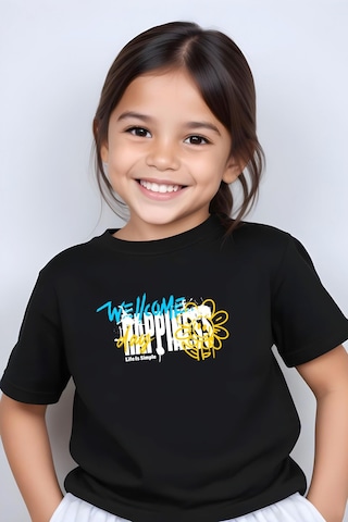 Fyk Kids Kız Çocuk Wellcome Happines Baskılı Tişört Siyah