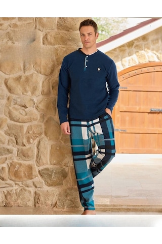 Pijamoni Erkek Düğme Yaka Kışlık Polar Pijama Takımı 6100/19 - 1 Adet Mavi