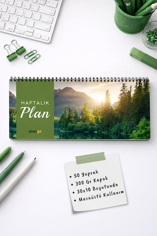Tarihsiz Spiralli Haftalık Masaüstü Planlayıcı - Orman - 10x30 Cm Plango Beyaz - Bej