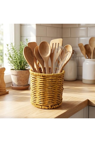 Buffer Yuvarlak Hasır Dokulu Plastik Rattan Kaşıklık & Çatallık Askılı Kendiliğinden Tutmalı Çok Amaçlı Mutfak Organi Açık Kahverengi