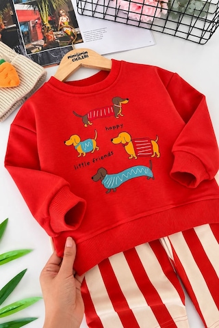 Minigimin Cicileri Sevimli Köpek Baskılı Sweatshirt Çizgili Bol Paça Kız Çocuk 2 Li Takım - Kırmızı Diğer