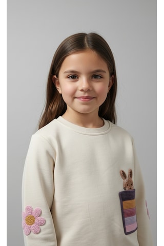 Kız Çocuk Tavşan Cepli Pamuklu 3 İplik Sweatshirt KREM