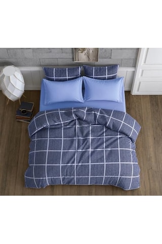 Lüks%80 Pamuklu Çift Kişilik Nevresim Takımı Seti Yorgan Kılıfı Mavi Lacivert Kare Beyaz Çizgi Desen 200x220 Cm + Lastikli Battal Boy Çarşaf 180x200x30 Cm +2 Yastık Kılıflı 50x70 Cm Diğer