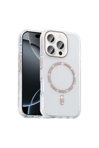 Apple Uyumlu iPhone 15 Pro Kılıf Taşlı Tasarım M-safe Şarj Özellikli Mkst Koment Silikon Kapak - Gümüş Gümüş